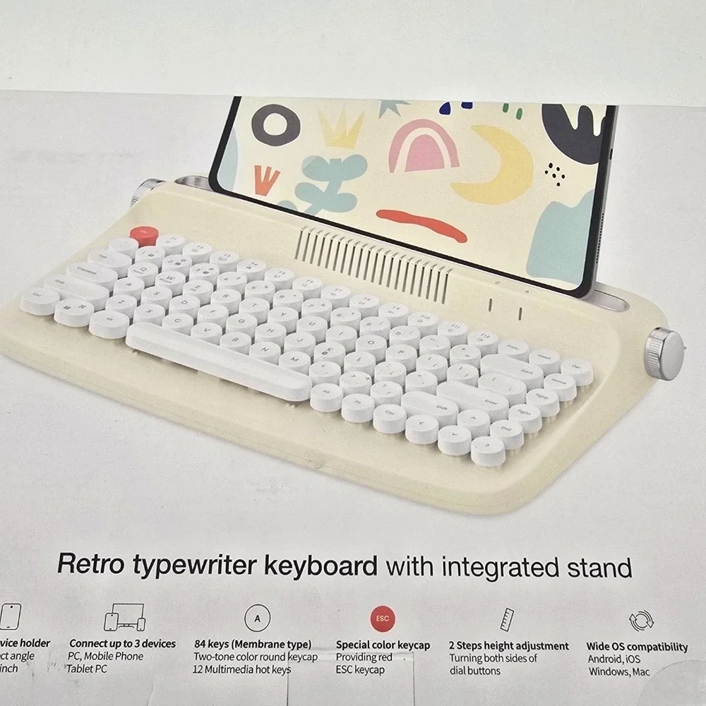 Wireless Retro Typewriter Keyboard, Ivory Butter, USB Rechargeable, Round Keys‎
